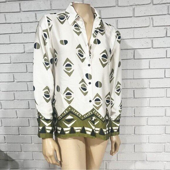 Zara Geometric Print Satin-Effect Shirt – Small, Silk-Look, Collared Button-Up - Picture 4 of 8